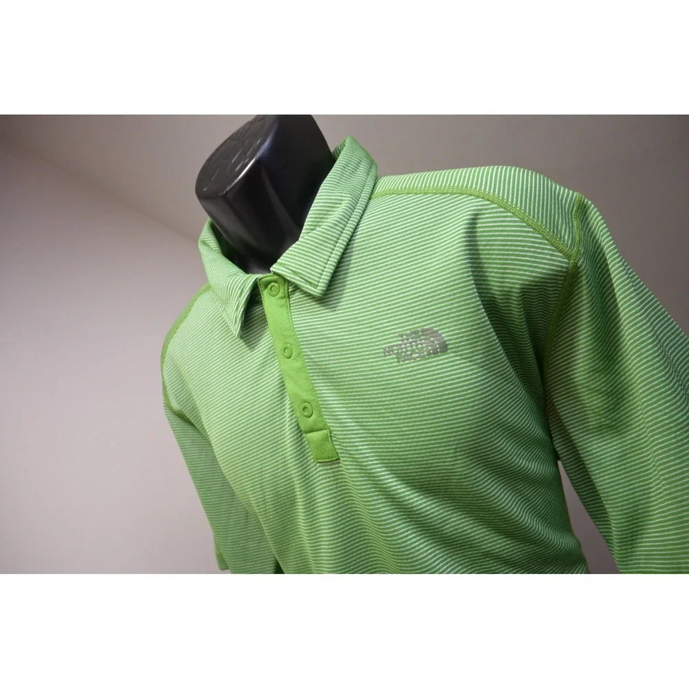 The North Face Polo Shirt Mens XL Green Striped FlashDry Activewear Short Sleeve